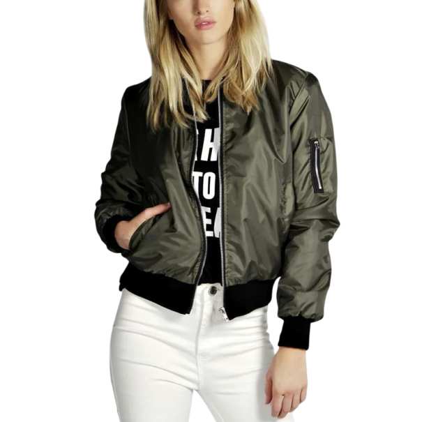Casaco bomber feminino com fecho éclair, gola e punhos elásticos e bolsos, de mangas longas, para o outono, para a cidade e para uso diário verde exército XL
