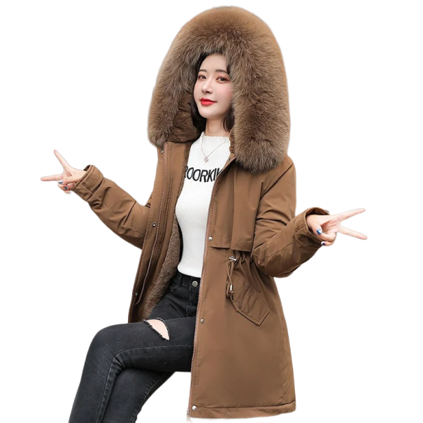 Casaco de Inverno Feminino com Capuz Peludo castanho XL