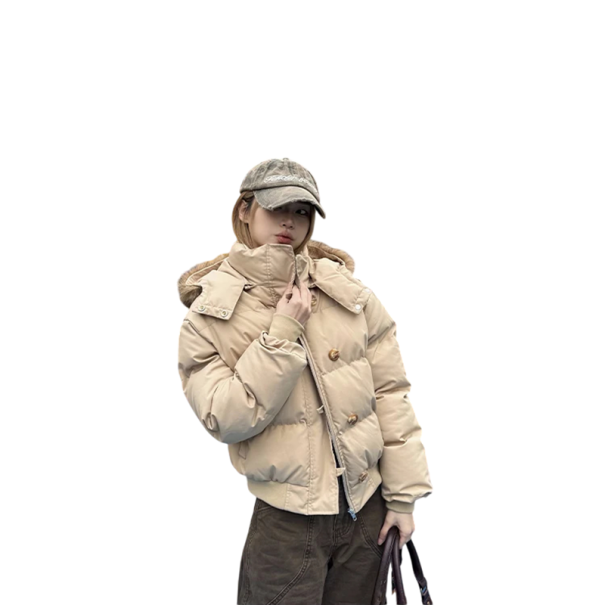 Casaco de Inverno Feminino em Algodão Casaco Quente com Capuz e Pelo Gola Alta com Fecho de Zíper e Botões Bolsos Práticos para o Inverno creme L