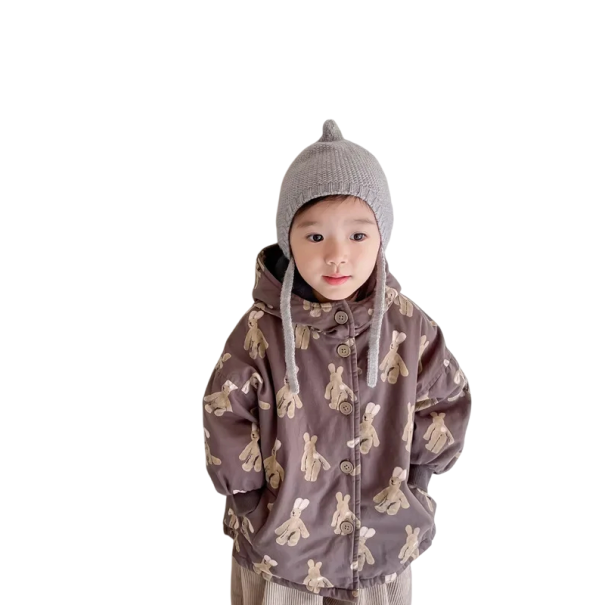 Casaco de Inverno Infantil com Capuz Fecho de Botões Bolso Casaco de Algodão Quente com Motivos de Coelhos Casaco de Inverno Aconchegante para Crianças castanho 4