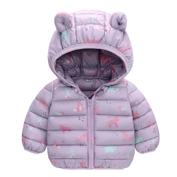 Casaco de Inverno Infantil com Capuz Fecho de Zip e Botões Casaco de Poliéster Quente com Imagens de Animais Corte Confortável e Aconchegante para o Inverno roxo 5
