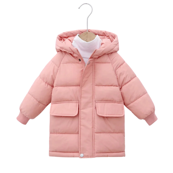 Casaco de Inverno Infantil Liso com Capuz Fecho de Zip e Botões Bolsos Casaco quente em algodão e poliéster para crianças Casaco confortável rosa 5