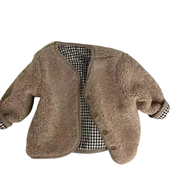Casaco de Inverno Infantil Reversível com Fechos e Bolsos de Pelúcia de um Lado e Listrado do Outro Lado Casaco de Inverno castanho 6-12 meses