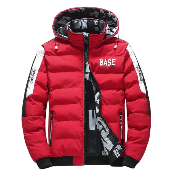 Casaco de Inverno Masculino com Capuz Casaco Acolchoado com Inscrições nas Mangas e Forro Fecho com Zíper Punhos Elásticos Estilo Urbano para o Inverno vermelho S