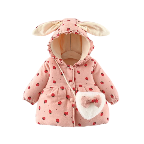 Casaco de inverno para menina com morangos, fecho de pressão, capuz com orelhas de coelho e franzido. Casaco quente em poliéster com uma mala de peluche como presente rosa 12-18 meses