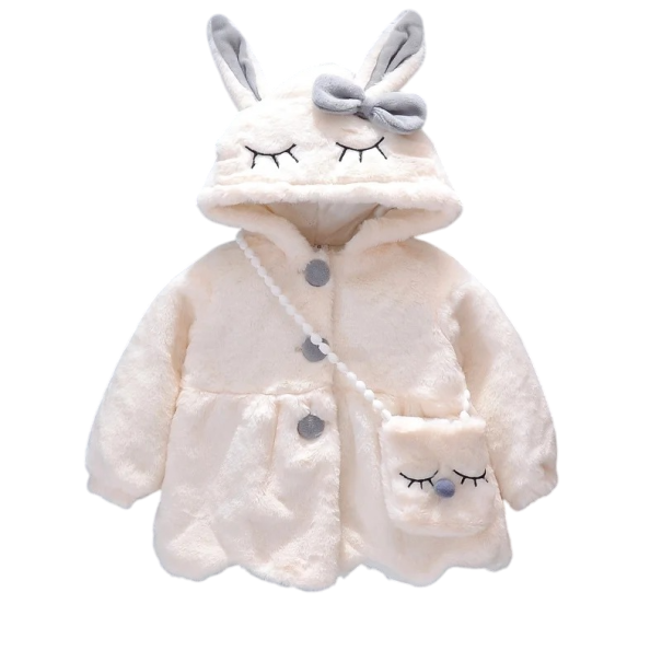 Casaco de Inverno para Meninas com Botões e Pele Sintética Capuz com Orelhas, Olhos e Laço Casaco Quente de Algodão com Mala de Peluche como Presente para Pequenas Senhoras branco 3