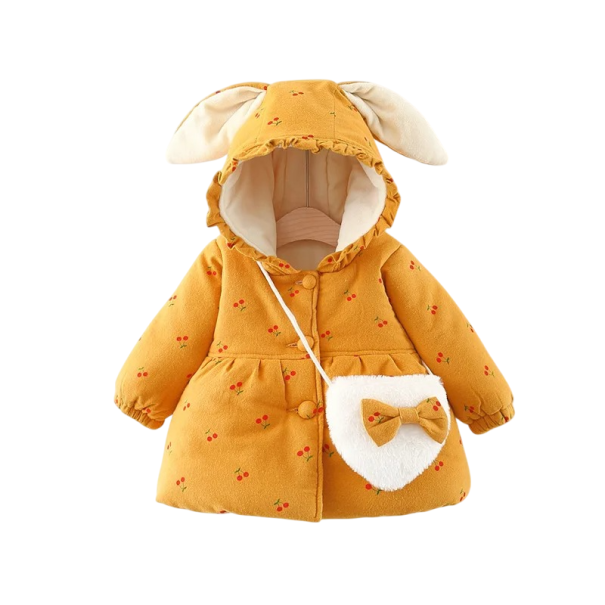 Casaco de inverno para meninas com padrão de cerejas, fecho de pressão, capuz com orelhas de coelho e franzido. Bolsa de peluche como presente. Casaco quente em poliéster. amarelo 3
