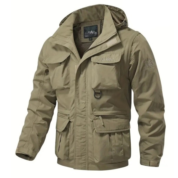 Casaco de outdoor masculina com fecho e múltiplos bolsos Casaco resistente ao vento com mangas removíveis e capuz Casaco desportiva para a natureza caqui L