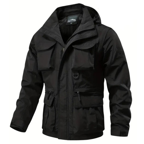 Casaco de outdoor masculina com fecho e múltiplos bolsos Casaco resistente ao vento com mangas removíveis e capuz Casaco desportiva preto XS