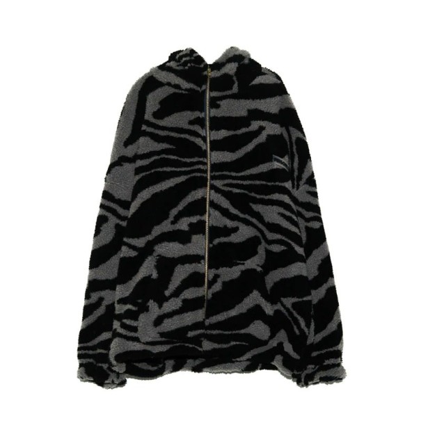 Casaco de pelúcia feminina com padrão de zebra e capuz Corte oversized solto Fecho de correr Dois bolsos laterais Poliéster cinzento escuro L