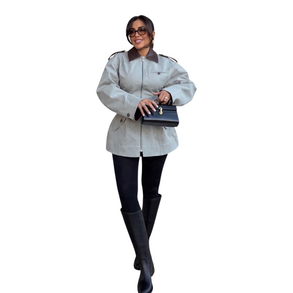 Casaco feminino casual com fecho éclair e gola castanha em contraste, corte largo prolongado, casaco cinza claro com bolso no peito, para a cidade S