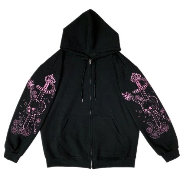 Casaco feminino com capuz e fecho éclair Preto Motivo rosa de caveira com espada e rosas nas mangas Bolsos frontais Corte solto Poliéster e acrílico 1