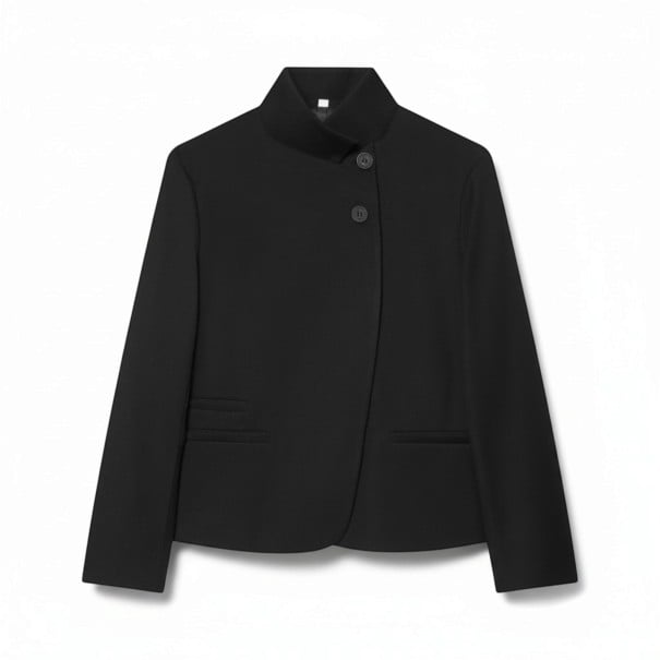 Casaco feminino com gola alta Fecho assimétrico com botões Corte curto e justo Bolsos com paspula Poliéster Para o trabalho preto XS