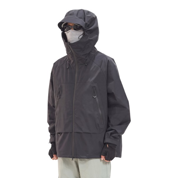 Casaco feminino impermeável e à prova de vento com capuz e gola alta com fecho de correr e bolsos laterais com fecho de correr e corte preto XS