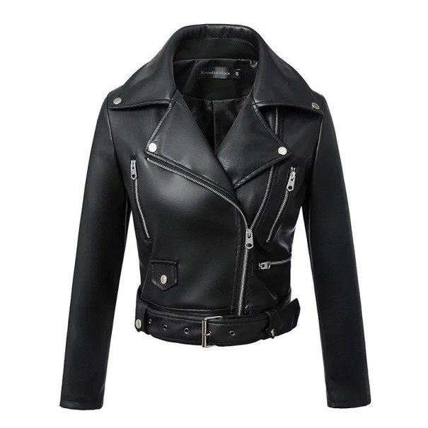 Casaco feminino tipo perfecto de pele sintética preto Corte curto e ajustado Cinto com fivela Fecho assimétrico em metal Botões de pressão na gola XL