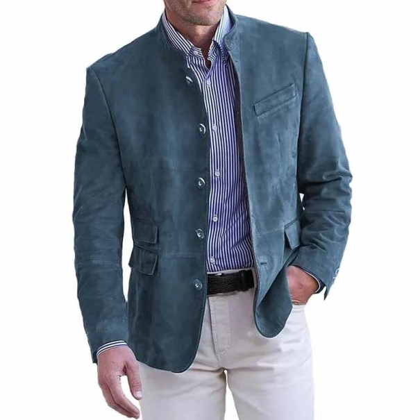 Casaco masculino respirável em poliéster Casaco elegante de uma só cor para homens com bolsos e botões Casaco estiloso para o trabalho azul claro L