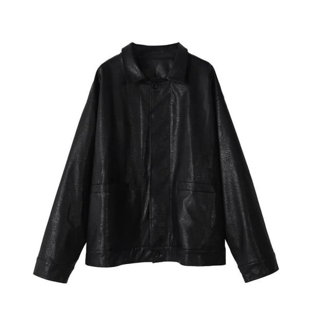 Casaco oversized feminino em imitação de pele Preto Ombros caídos Gola dobrável Duas bolsas frontais Superfície estruturada Para saias e calças L
