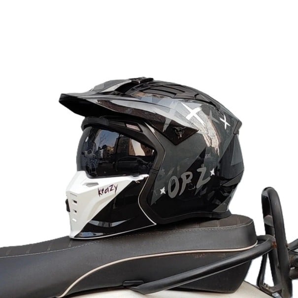 Cască de motocicletă cu vizieră detașabilă și vizieră fumurie Săculeț din ABS integral enduro cu imprimeu și ventilație pentru motocicletă gri M