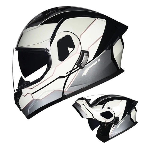 Cască integrală motocyklă unisex cu deschidere ABS+PC alb-gri-negru L