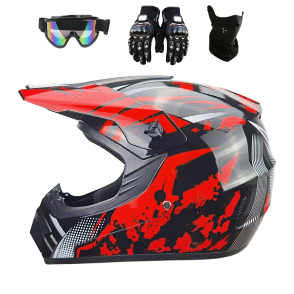 Casco de moto infantil con guantes y gafas integral ABS negro con visera solar y máscara de ventilación impresa 25x25x36 cm rojo M (55-56 cm)