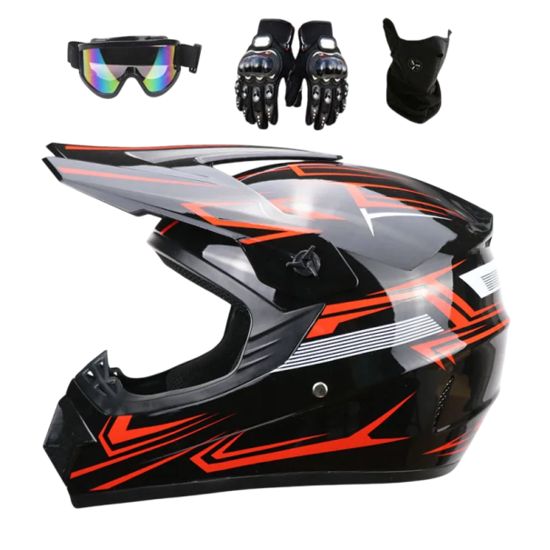 Casco de moto infantil con máscara protectora Guantes y gafas Casco integral ABS con visera Ventilación Negro con estampado rojo L (57-58 cm)