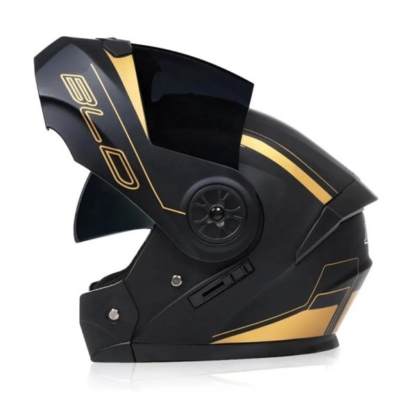 Casco de moto integral unisex negro-dorado abatible con diseño de viseras dobles para mejor visibilidad y protección S