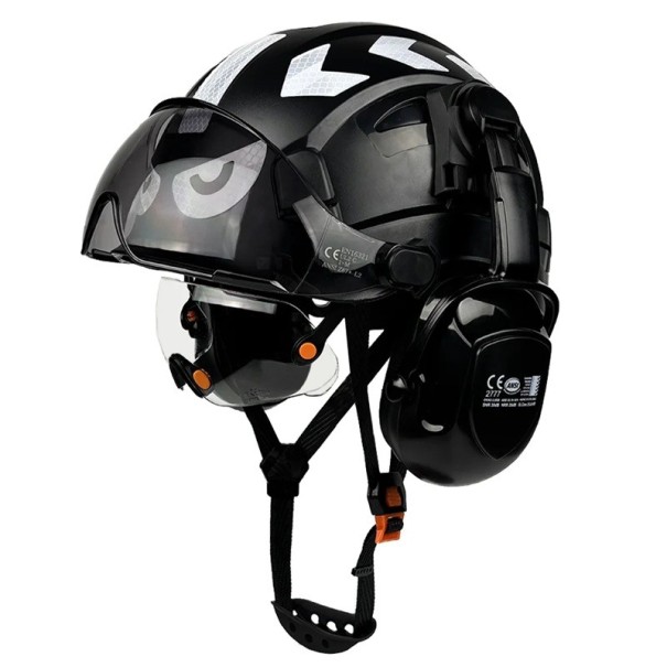Casco di sicurezza con occhiali integrati e visiera Cuffie di protezione Taglia 53-63 cm Guscio ventilato in ABS Regolabile con rotella nero
