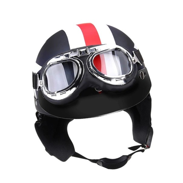 Casco motociclistico retrò con visiera aperta occhiali protettivi con filtro UV visiera e protezioni auricolari imbottite casco con fibbia per uomini e donne 1