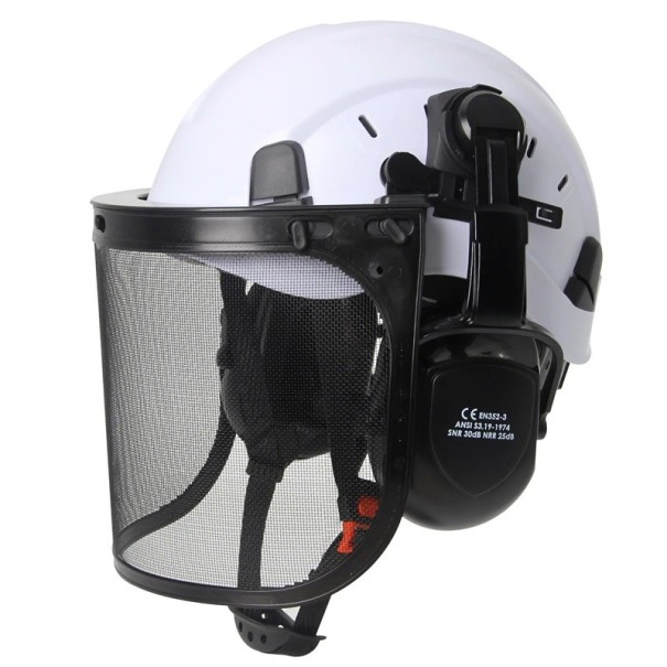 Casco protettivo forestale con visiera a rete e protezioni per le orecchie Taglia 53-63 cm Guscio in ABS Regolabile con rotella bianco
