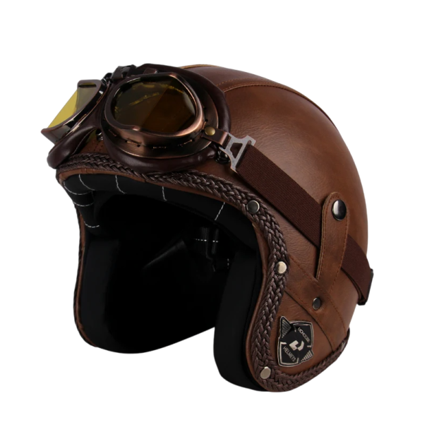 Casque de moto rétro avec lunettes Design classique avec détails en cuir Casque de protection en matériau ABS pour la conduite de moto marron XL (59-60 cm)