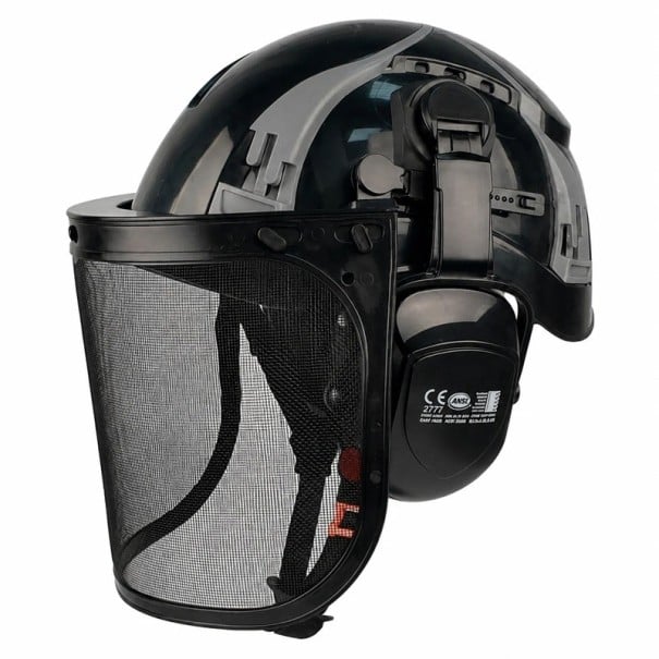 Casque de sécurité forestier avec grille métallique pour le visage et protections auditives Taille 53 à 63 cm Coque ABS Système de suspension noir