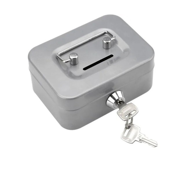 Cassaforte metallica con chiave 11,5 x 8,5 x 5,8 cm Scatola di sicurezza portatile per monete e banconote con chiusura grigio