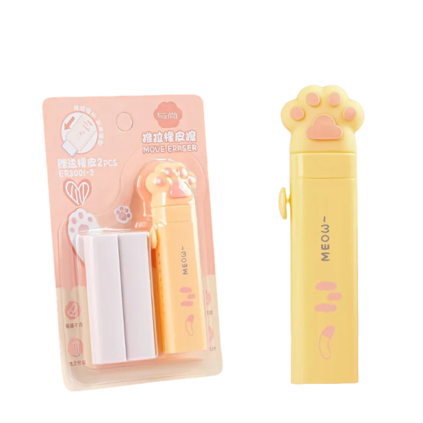 Cat Paw Shaped Retractable Eraser Children's Pencil Eraser with Retractable Mechanism Rubber Eraser with Paw Design 10.5 x 2 cm yellow