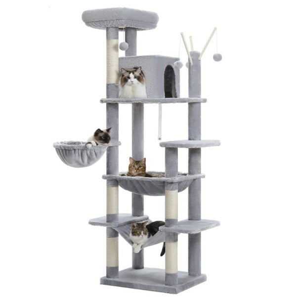 Cat Scratching Post Height Approx. 175 cm Base 55 x 45 cm with House, Hammock and Sisal Posts for 4 Cats for Indoor Use and Climbing grey