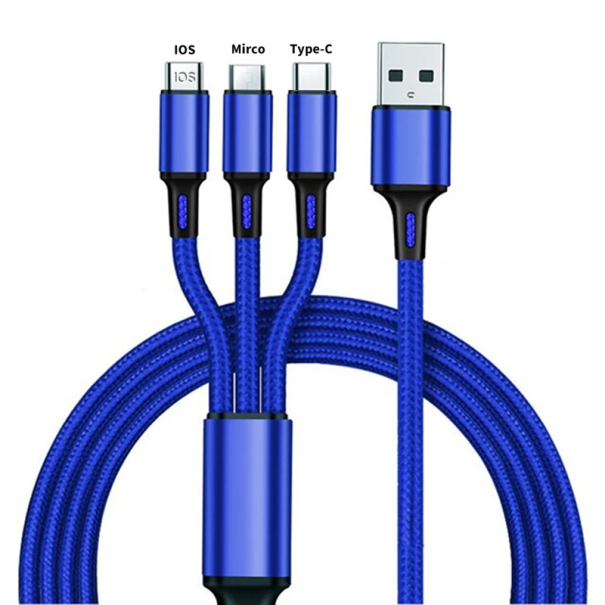 Cavo di ricarica rapida 3 in 1 USB-C + micro USB + Lightning 1,2 m 3A USB-A cavo per telefono ricarica veloce blu
