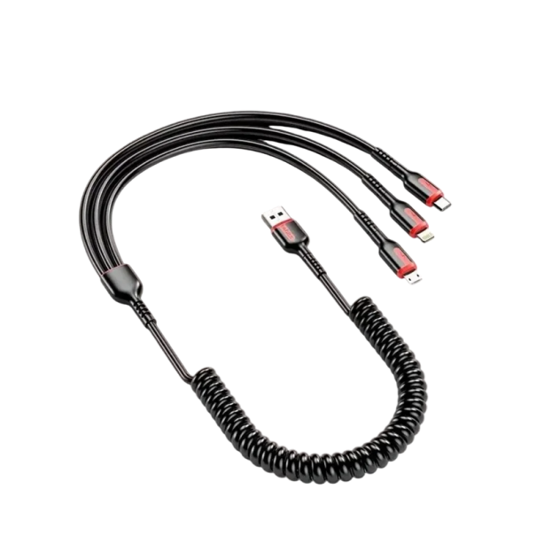 Cavo USB 3in1 Ricarica Rapida 66W 6A 1.2 m Cavo Dati a Molla USB A a USB C + Micro USB + Lightning iPhone Ricarica Veloce 1