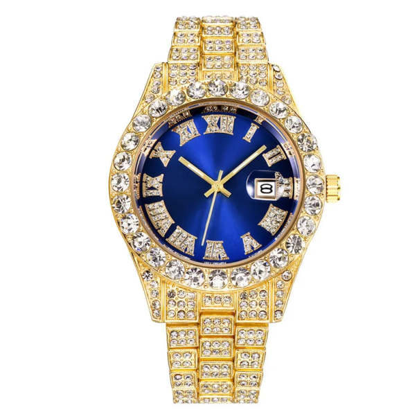 Ceas de mână cu cuarț la modă cu diamante, 42 mm, curea din oțel inoxidabil, calendar și dată, design modern, aliaj, durabil, pentru purtare zilnică albastru inchis