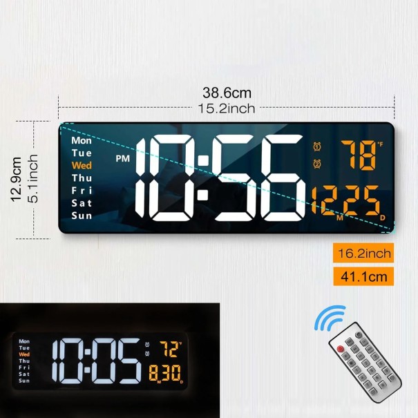 Ceas de perete digital 40 cm Afișaj LED mare Iluminare de fundal colorată Telecomandă Reglare automată a intensității luminii Lumină portocale
