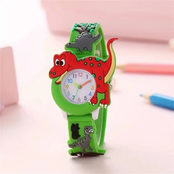 Ceas pentru copii cu curea din silicon cu dinozaur 3D, cuarț, analog, cadran colorat, culoare albastră sau verde verde