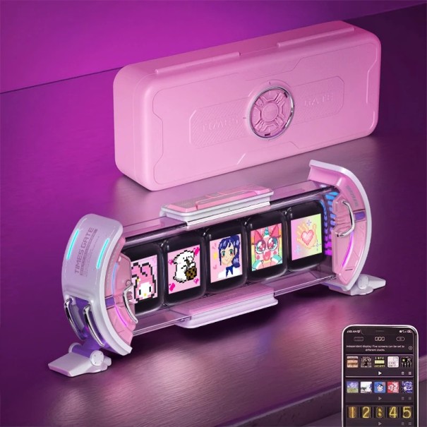 Ceasuri pixelate cu difuzor 28,3 x 4,7 x 9,7 cm Cinci display-uri LCD WiFi și Bluetooth și control prin aplicație Roz pentru birou de jocuri și decor 1