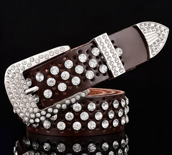 Ceinture en cuir moderne avec des pierres précieuses luxueuses J3049 marron 95 cm