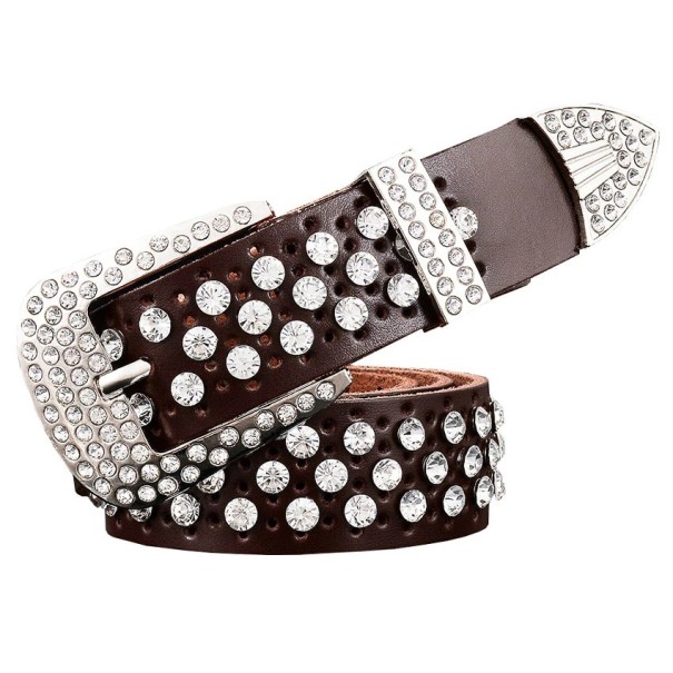 Ceinture en cuir pour femme avec des strass marron foncé 105 cm