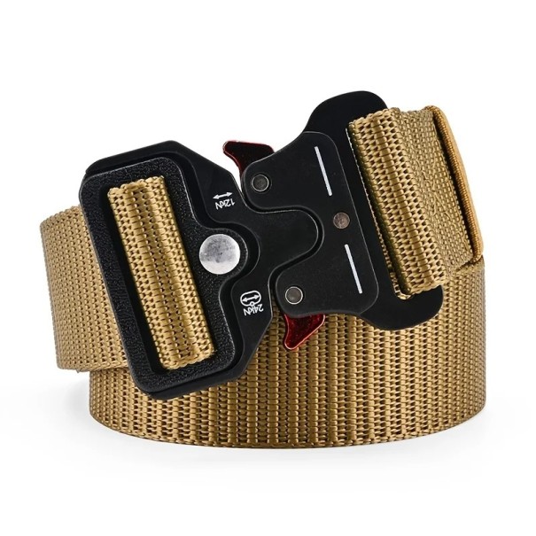 Ceinture en nylon pour homme 125 x 3,8 cm Ceinture tactique résistante avec boucle métallique à dégagement rapide Ceinture réglable pour uniforme Pantalons Équipement kaki