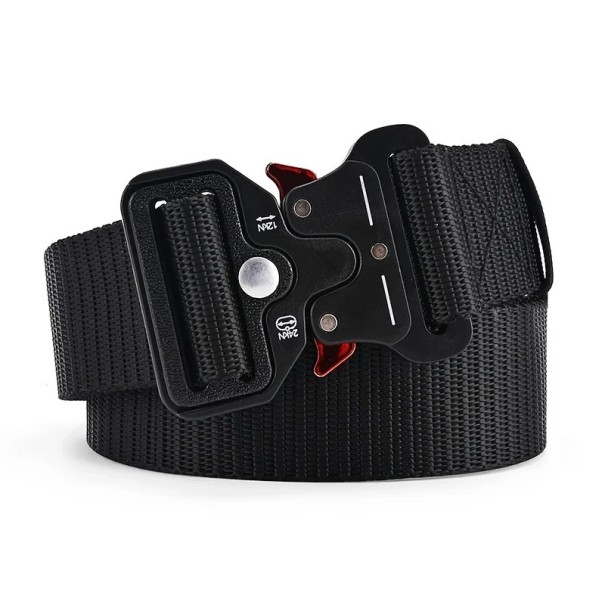 Ceinture en nylon pour homme 125 x 3,8 cm Ceinture tactique résistante avec boucle métallique à dégagement rapide Ceinture réglable pour uniforme Pantalons Équipement noir