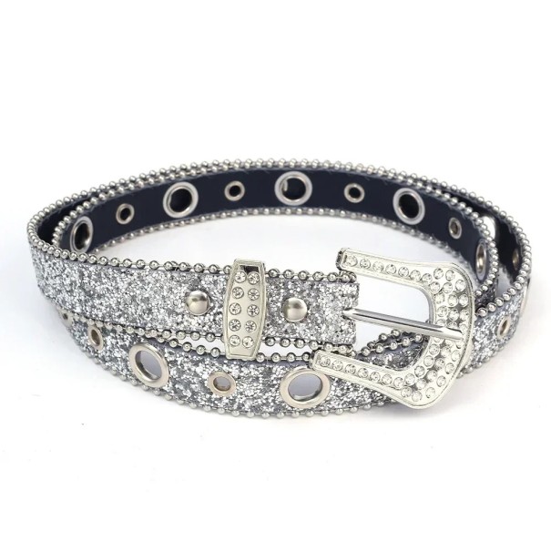 Ceinture pour femmes en cuir PU avec des pierres précieuses 104 x 2,3 cm Ceinture élégante avec des strass Accessoire de mode stylé pour pantalons, robes, tuniques et jupes argenté