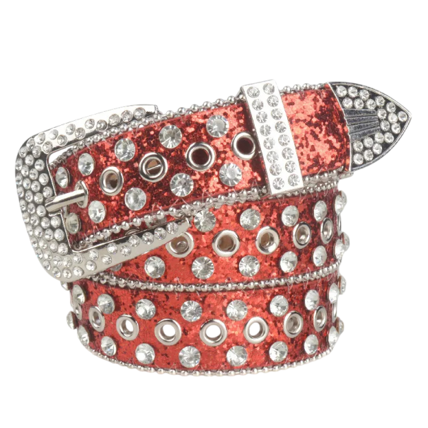 Ceinture punk pour femmes 110 x 3,3 cm en cuir PU Ceinture stylée avec clous et pierres précieuses scintillantes Accessoire de mode rock rouge