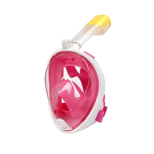 Celoansiktsdykarmask storlek S/M 17 x 13 cm inre mått 23 x 19 cm yttre mått med ett par öronproppar rosa