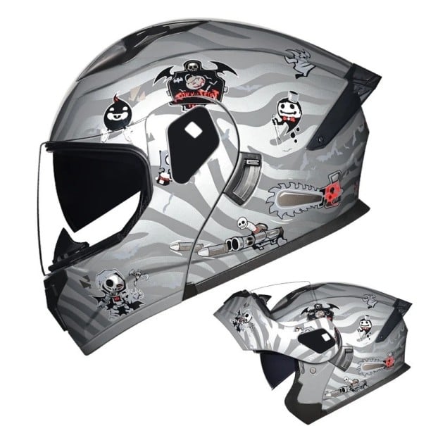 Celoobličejová motocyklová helma unisex výklopná ABS+PC šedá s potlačou kostier a halloweenských motívov L