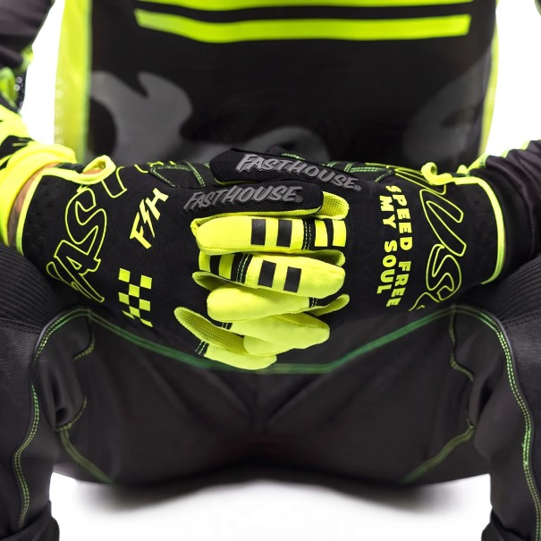 Celoprstede sportshandsker til motocross med tryk og mesh mellem fingrene i sort med neongule elementer til terræn kørsel M
