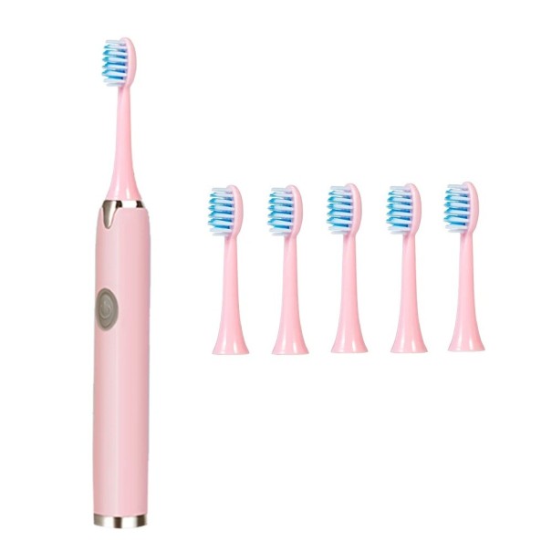 Cepillo de dientes eléctrico sónico IPX7 resistente al agua para adultos, cerdas suaves, 6 cabezales, 10 000 a 30 000 movimientos, batería AA, uso doméstico. rosa